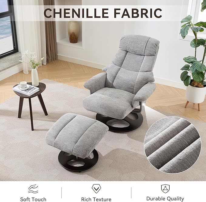 Ergonomic Recliner Chair with Ottoman for Adults 360° Swivel Massage Lounge Chair with 5-Point Vibration &amp Heated Seat140° Adjustable Chenille Recliner for Living Room Office (Grey+Chenille)