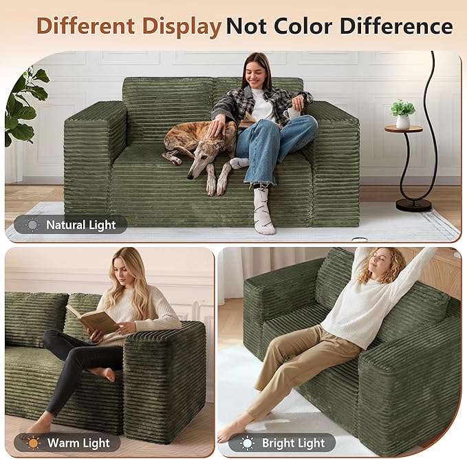63 Boneless Cloud Couch Sofa 2 Seater Deep Seat Modern Lounge Sleeper Couch in a Box No Assemble Corduroy Compression Upholstered Small Couches for Small Spaces Apartment（Green）