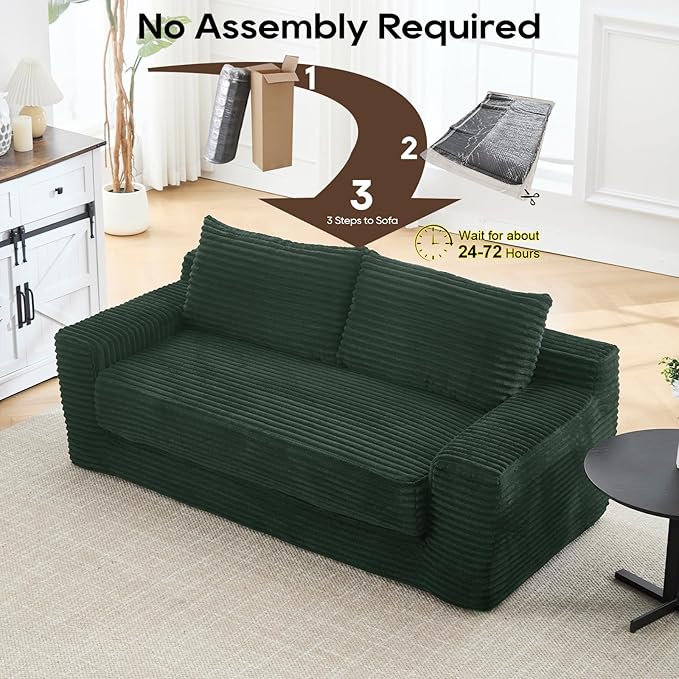 GNIXUU Corduroy Cloud Loveseat Sofa 2 in 1 Convertible Sleeper Sofa with Fixed-Shape Frame Comfy Folding Boneless Love Seat Couches for Living Room Apartment Small Spaces Green