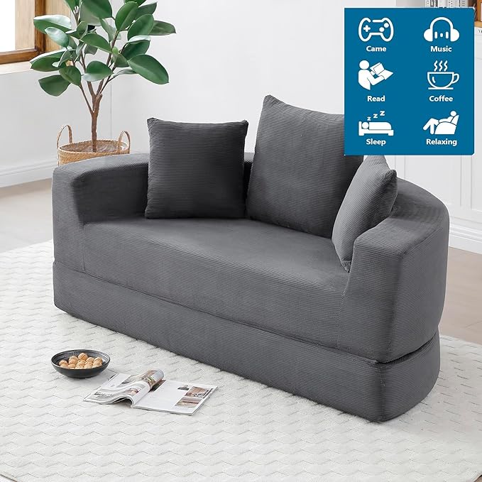 67 Round Convertible Folding Sofa Bed Boneless Couch Loveseat Floor Sleeper Chaise Lounge for Living Room Apartment Dorm Small Spaces Gray