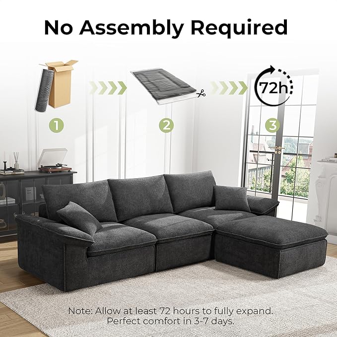 LIKIMIO 120 L-Shaped Modular Sectional Sofa Cloud Sectional Couch with Deep Seat Comfy Teddy Upholstery Oversized 3-Seater with Ottoman Boneless Couch for Living Room No Assembly Dark Grey