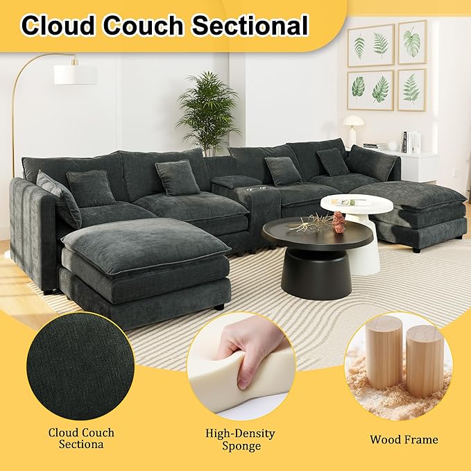 144 U Shaped CouchModular Sectional SofaCloud Couch with Ottoman6 Seater ConvertibleChenille FabricConsole &amp Cup HoldersSofa for Living RoomApartment (Dark Grey)