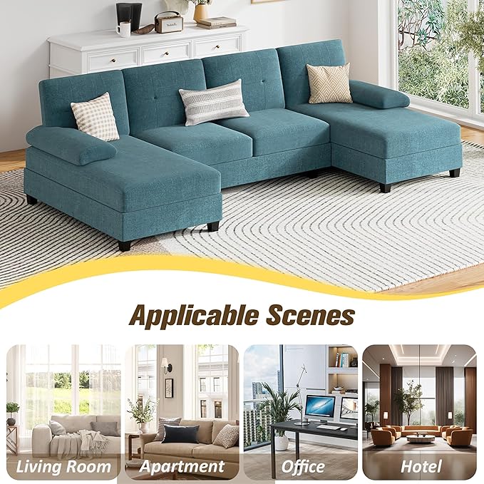 JY QAQA Sectional Couche with Soft Cushion U-Shaped Sofa with Double Chaise 4-Seat Linen Fabric Sofa Sets for Living Room Apartment Denim Blue