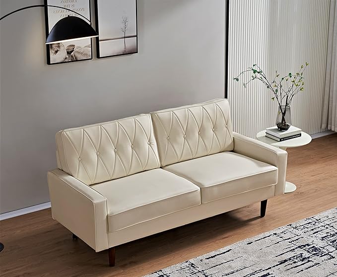 Modern Style Faux Leather Loveseat with Elegant Round Tapered Legs and Button Tufted Backrest Perfect for Living Room Bedroom or Home Office 57.5’’ Wide White