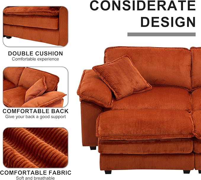 80.5'' Modular Sectional Sofa Cloud Couch for Living Room Modern Corduroy Double Layer Upholstered Loveseat Sofa Comfy Sleeper Sofa with Ottoman 2 Pillows and Detachable Armrest Orange