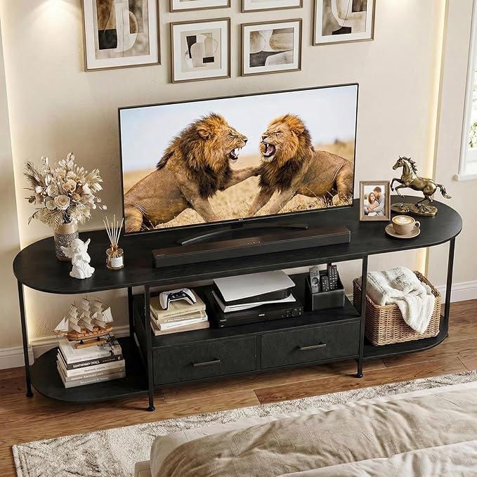 63 TV Stand for TVs up to 75 Inches Curved Edge Media Console &amp Entertainment Center with 2 Fabric Drawers Modern TV Console Table for Living Room or Bedroom Black