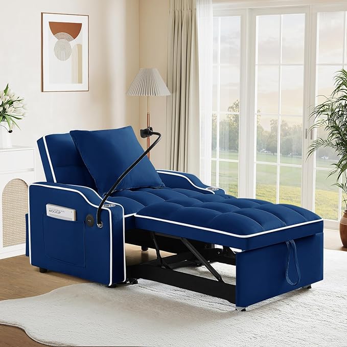 Convertible Sleeper Chair Sofa Bed3 in 1 Velvet Tufted Pull Out Couch with Phone Holder &amp USB PortsFuton Small Couch Bed with Cup Holders &amp Adjustable Backrest for Living RoomSmall Place(Bl