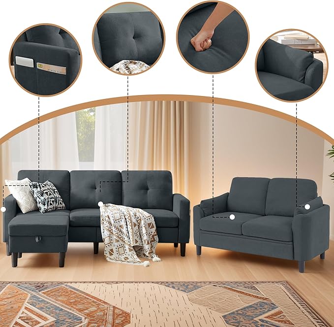 2 Piece Sofa Set 3 Seat Sofa Couch and Loveseat with Ottoman Couches Sets for Living Room/Apartment/Office Dark Grey