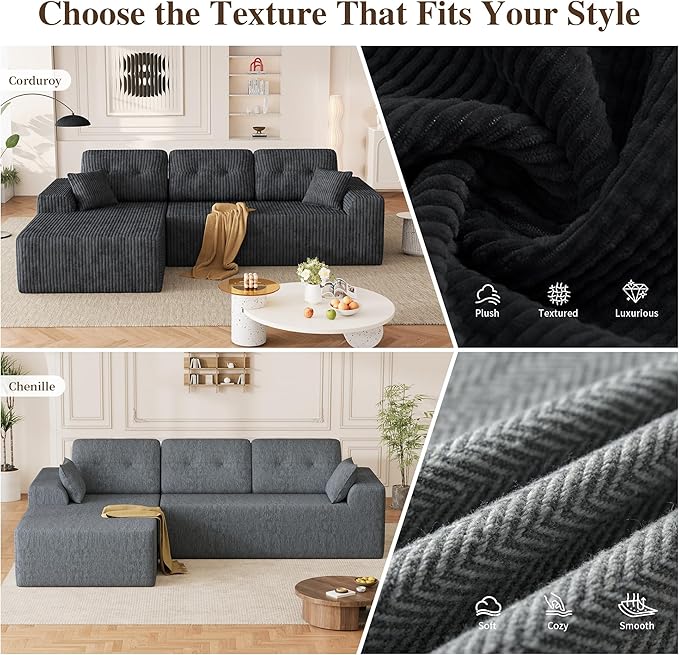 Ball &amp Cast 106 Boneless Sectional Sofa Corduroy Modular L Shaped Couch with Deep Seat Chaise Cloud Style Oversized Sofa for Living Room No Assembly Left Facing Grey