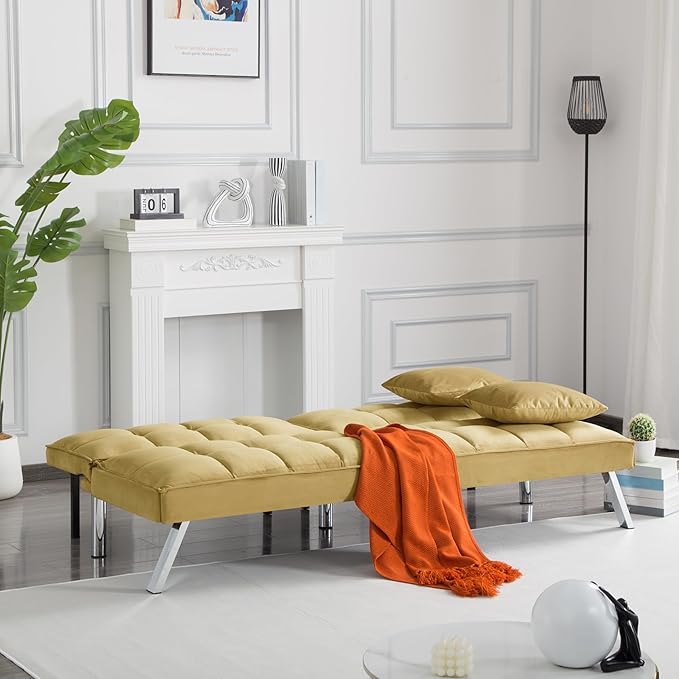 68 Modern Futon Sofa BedConvertible Sleeper Bed Couch with 4 Reclining Backrest with 2 PillowsComfy Velvet Cloud Sofa Loveseat for Living Room Bedroom Office (Olive)