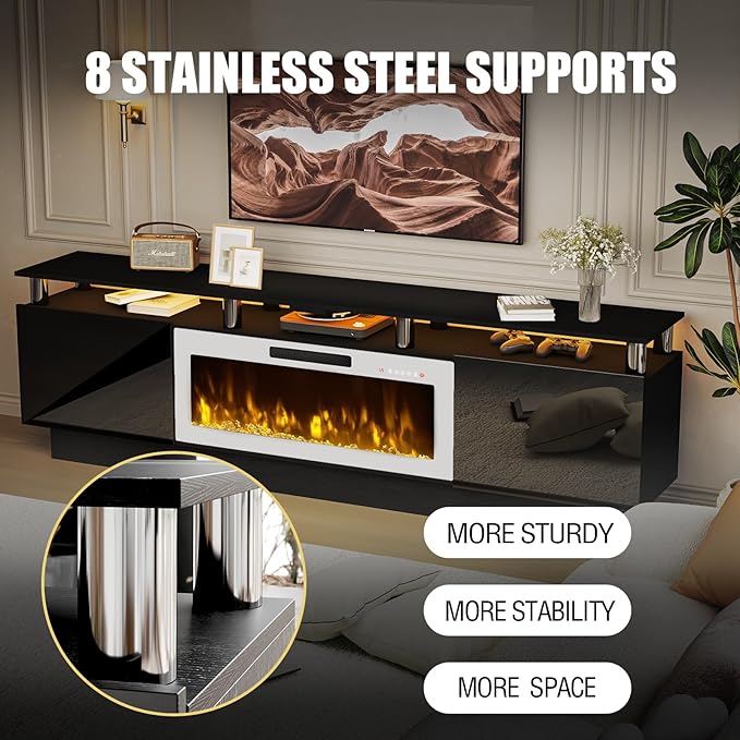 80 Modern Fireplace TV Stand with 36 Electric Fireplace for TVs Up to 90 inch Luxury LED Light Entertainment Center with High Gloss Cabinet Black + Silver Posts with White Fireplace