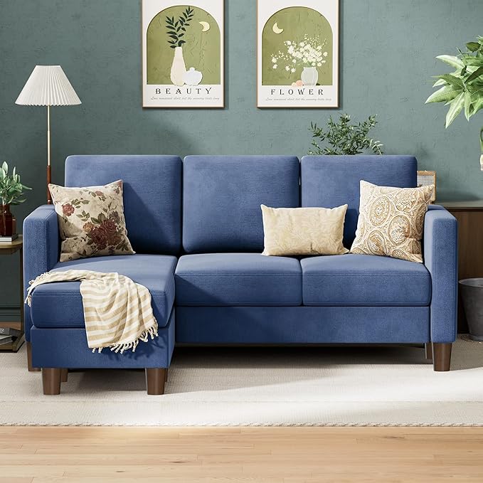 VICTONE Convertible Sectional Sofa Couch 3 Seat L-Shaped Sofa with Linen Fabric Ottoman Small Couch for Small Apartments Living Room and Office (Linen Fabric Blue)