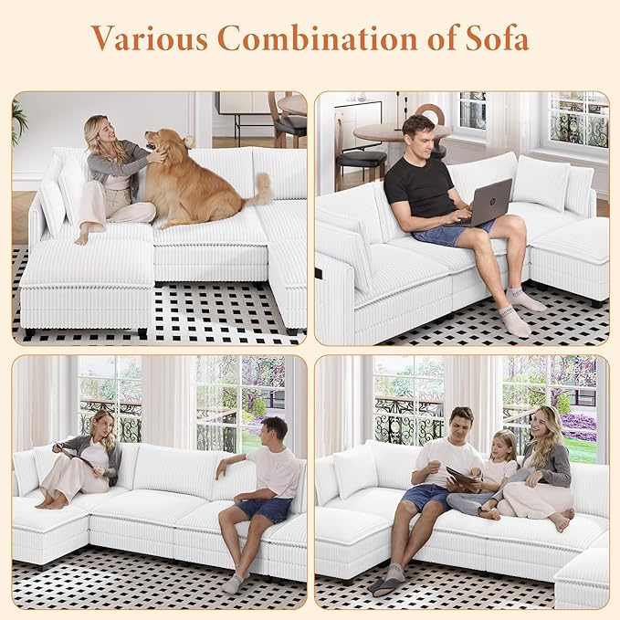Vesgantti 143 U Shaped Sectional Modular Couch Comfy Corduroy Upholstered Modular Cloud Sofas for Living Room Modern Sectional Sofa with 2 Ottoman Deep Seat Warm White