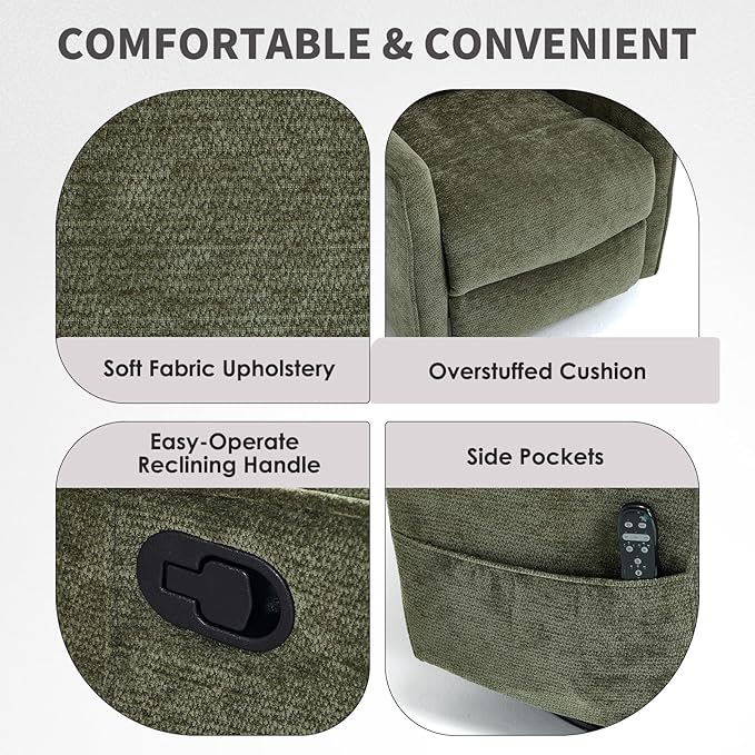 Swivel Rocker Recliner Chair 360° Swivel Recliner with Heat and Massage Rocker Recliner Nursery Glider Chair with Side Pockets for Living Room (Olive Green Fabric)