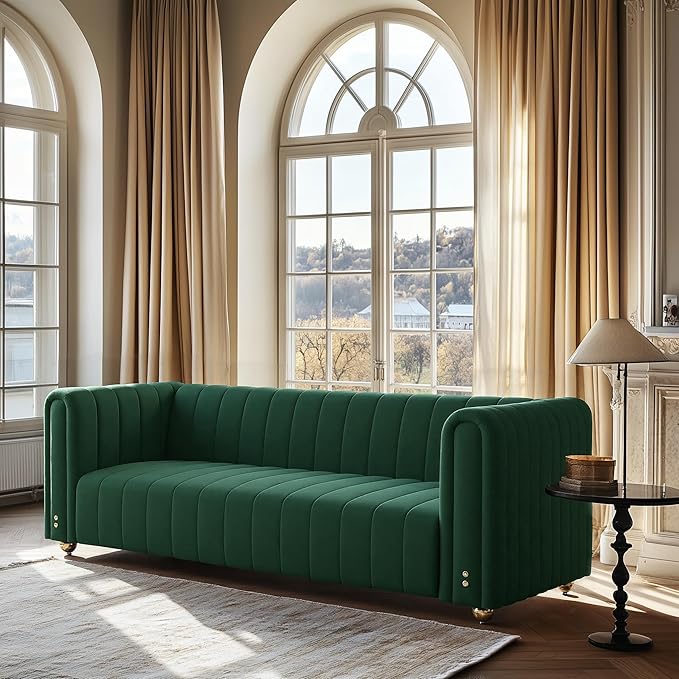 82 Deep Seat Sofa - Gold Leg Modern Couch with Serpentine Springs 750LBS Capacity &amp Fade-Resistant Fabric for Living Room (Emerald Green/Burnt Orange/Classic Black) (Green 3S)
