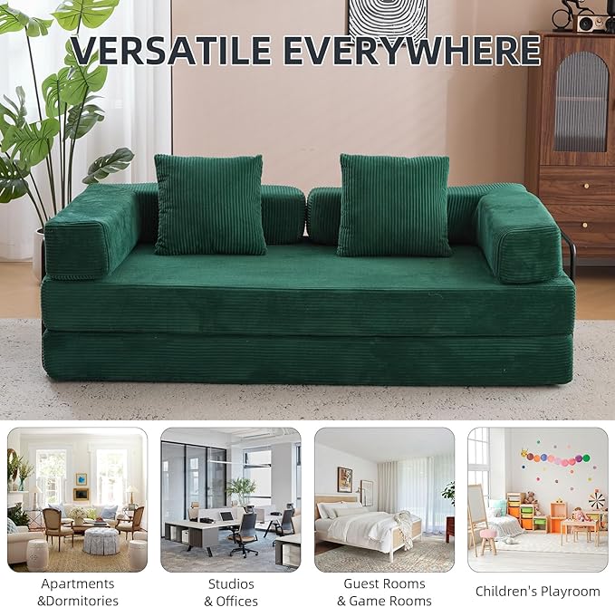 Folding Sofa Bed Convertible Sleeper Corduroy Floor Couch with Pillows Fold Out Couch King Size Bed Futon Couchs Foldable Memory Foam Mattress for Living Room Bedroom Playroom (Dark Green)