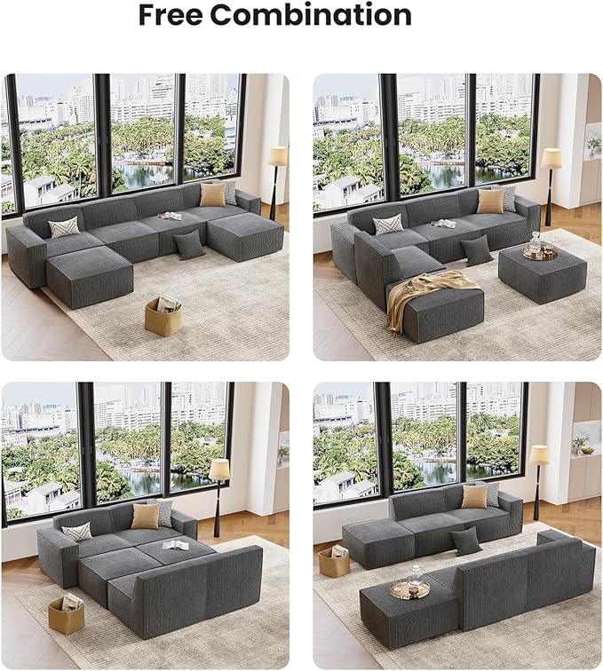 Amada 80 L Shaped Sofa Modular Corduroy Clopud Couches with Deep Seats &ampHigh-Back Upholstered Couches for Living Room Bedroom with Ottoman No Assembly Required(2-Seater&amp1 OttomanGrey)