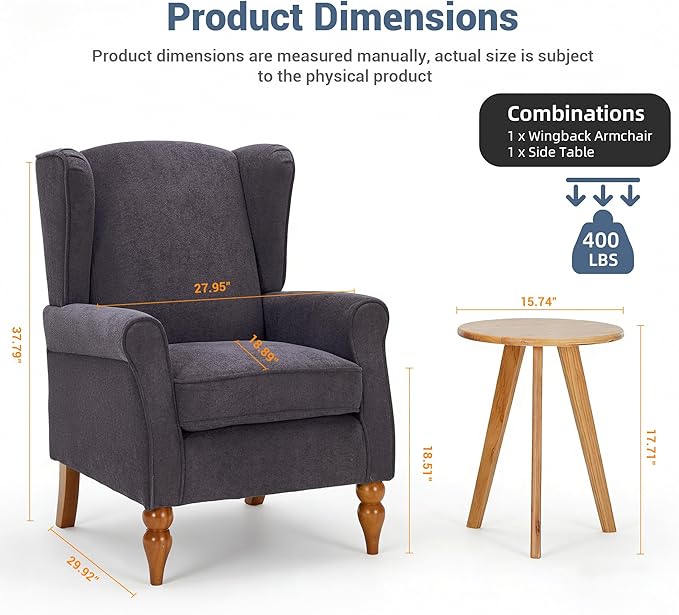 High Back Wingback Accent Chair Modern Upholstered Armchair Comfy Reading Chair with Solid Wood Legs for Living Room Bedroom Library Dark Grey