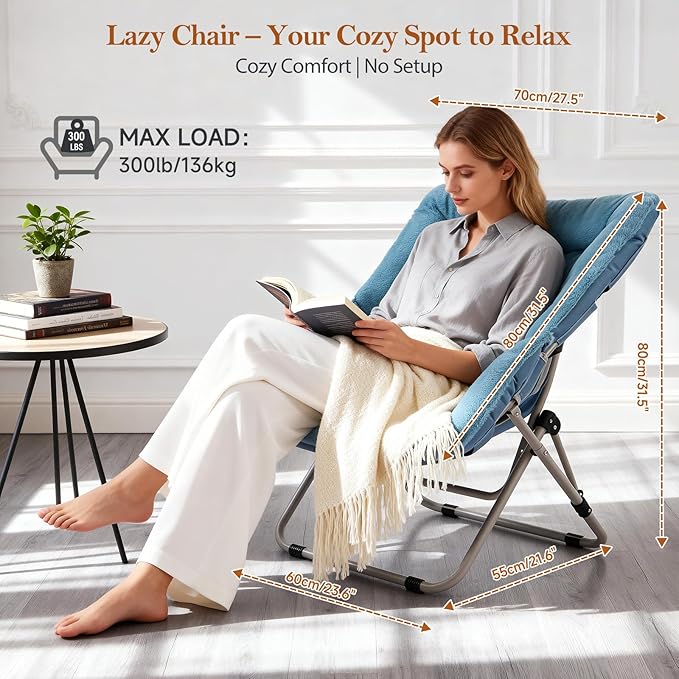 Saucer Chair Comfy Bedroom Chairs Oversized Folding Faux Fur Chair Foldable Metal Frame Chair for Bedroom Living Room Balcony Patio (Blue)