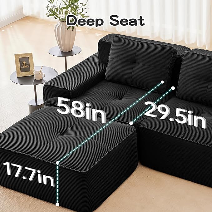 117.3 Modern L Shape Boneless Couch with Ottoman 3 Seater Corduroy Modular Sectional Sofa Comfy Cloud Sleeper Sofa with Deep Seat Upholstered Couches for Living Room Apartment Black