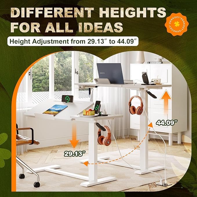 Standing Desk Medical Overbed Table with Rolling Tray and Power Outlet Dual Pneumatic Angle and Height Adjustable Desk Portable Side Table with Drawer Home &amp Hospital Use White