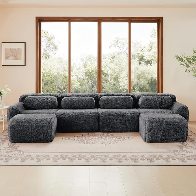 149 Sectional Couches for Living Room Comfy Boneless Couch 4 Seater Cloud Sofa Compressed U Shaped Couch with 2 Ottomans Modern Modular Sectional Plush Floor Sofa No Assembly (Grey)