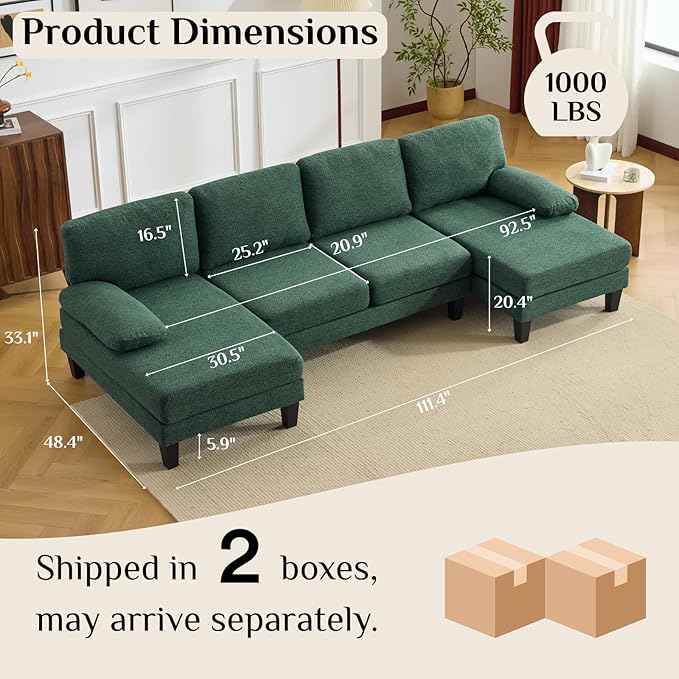 Karl home 110 U-Shape Sectional Couches for Living Room Chenille Upholstery 4 Seat Sofa Set with Double Chaises &amp Wood Grain Legs for Apartment Green