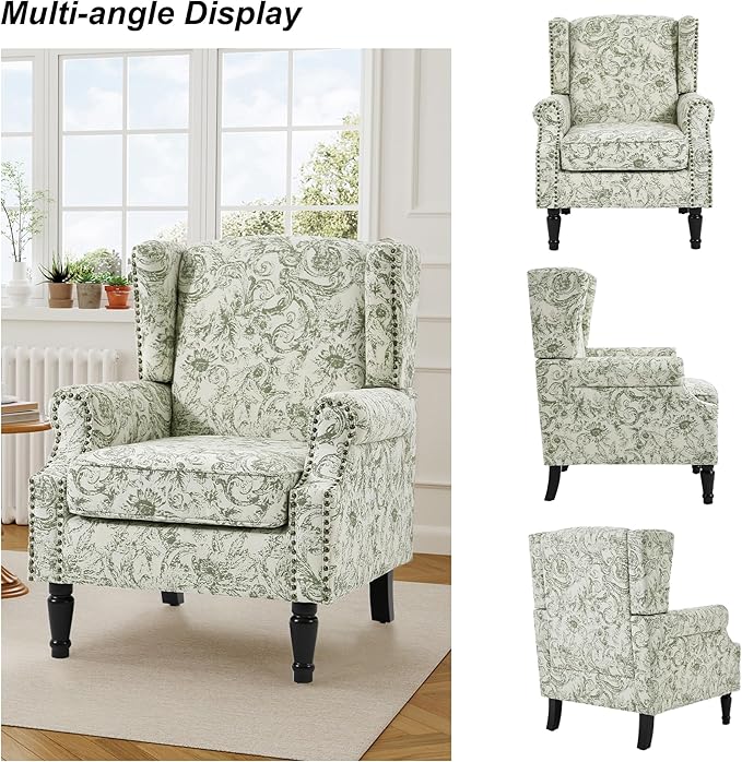 Floral High Back Accent Chair Upholstered Armchair with Solid Wood Legs Comfy Wingback Reading Single Sofa Chair for Small Spaces Living Room Bedroom(Floral Rococo Green Set of 1)