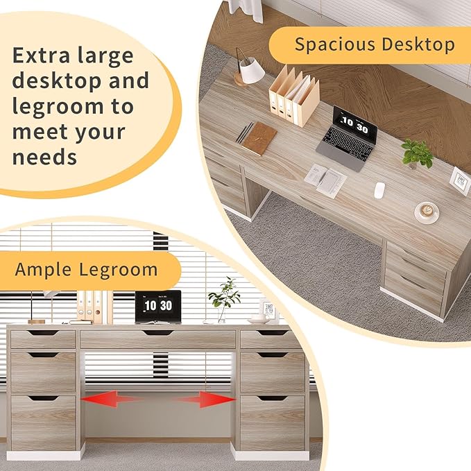 54 Inch Computer Desk with Storage Drawers Executive Desk with 7 Drawers for Bedroom Office Desk with File Cabinet for Work Study Writing Small Spaces White and Walnut
