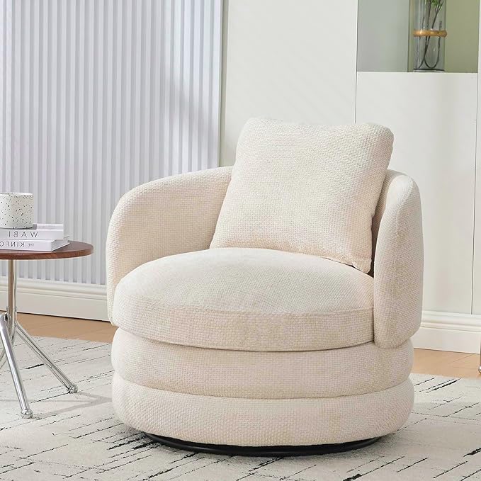 30 W Modern Round Swivel Barrel Accent Chair with Pillow Chenille Upholstered Single Club Sofa Chair for Living RoomBedroom Reading Room Balcony Lounge (Beige)