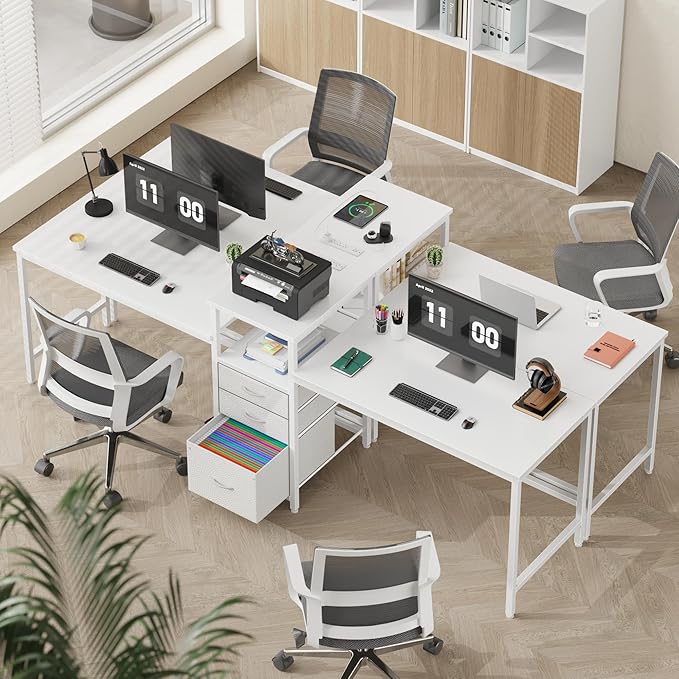 GYIIYUO 93'' Two Person Desk with Charging Station Long Desk with 3 Drawers and Printer Shelf Double Computer Desk 2 Person Writing Study Table Workstation for Home Office White