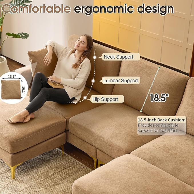 VINGLI 100 W U Shaped Couch with Ottoman 22 Deep Seat Comfortable Sectional Couches for Living Room 3 Seater Chenille Fabric Cloud Sofa for Apartment Small Spaces Bedroom Khaki