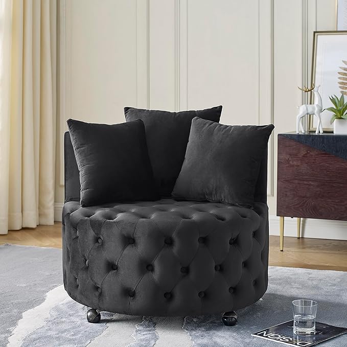 Anwick Velvet Swivel Barrel ChairModern Upholstered Accent Chair with WheelsLarge Single Sofa Chair for Living Room Club Bedroom Home Office (Black+Velvet)