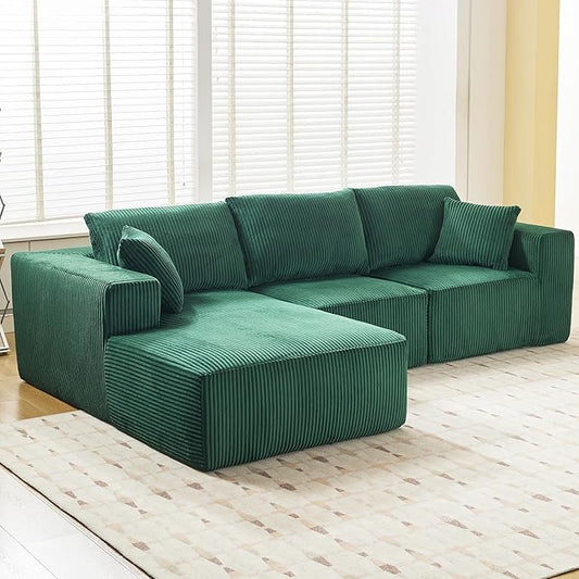 Sectional Cloud Boneless Couch 108 Modern Comfy L-Shape No Assembly Required Convertible Compression Sleeper Modular Sofa with Corduroy Fabric Deep Seat Loveseat + Chaise for Living Room