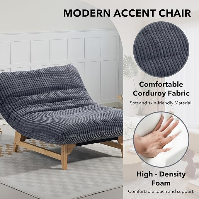 Modern Accent Chair Comfy Corduroy Upholstered Living Room Chair with Cushion Comfortable Accent Sofa Chair with Wooden Frame Armless Lazy Sofa for Living Room Bedroom (Dark Grey) | Cushion