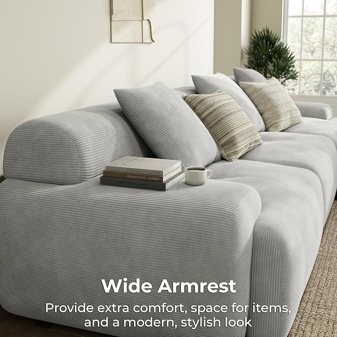 LIKIMIO 118 Modular Sectional Sofa with Ottoman L-Shaped Boneless Couch with Deep Seat for Living Room Corduroy Upholstery No Assembly Required Light Grey