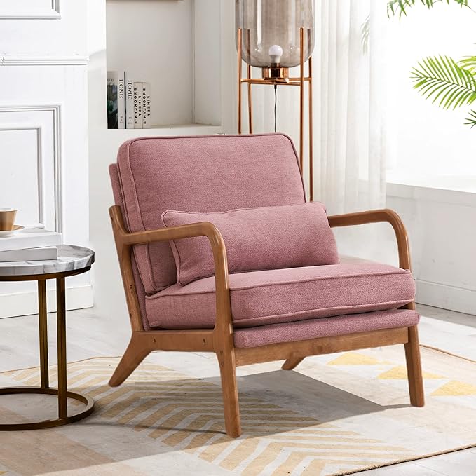 JOYBASE Lounge Accent Chair Mid Century Modern Chair Arm Chair Wood Frame Armchair for Living Room Bedroom (Pink Fabric)