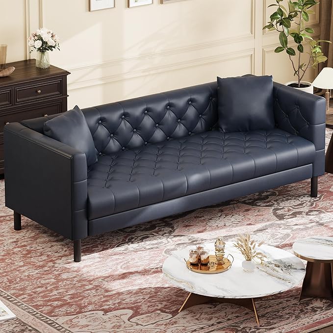 81 Button-Tufted Leather Sofa Mid-Century Modern Chesterfield 3 Seater with Deep Seat and 2 Pillows Ideal Leather Couch for Living Room Apartment and Office Use (Dark Blue)