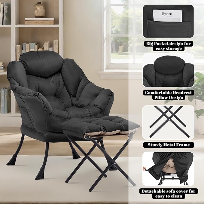 Lazy Chair with Ottoman Comfy Accent Lounge Chair with Side Pocket Modern Reading Armchair with Footrest Upholstered Sofa Chair for Small Spaces Bedroom Living Room Dorm Black