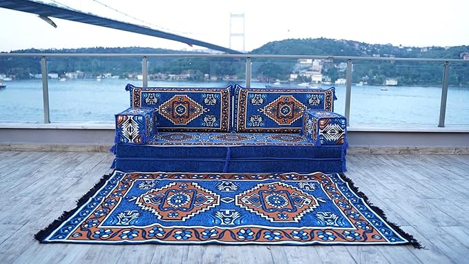 arabicsofa 8 Inch Thick Royal Blue Arabic Floor Cushion – Handmade Modular Majlis Seating with Backrest Pillows