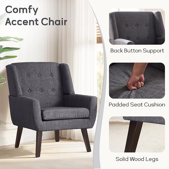 HUIMO Accent Chair Living Room Chair Upholstered Button Tufted Armchair Linen Fabric Sofa Chairs for Bedroom Living Room Mid Century Modern Comfy Reading Chair (Grey)