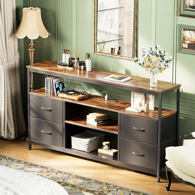 Huuger TV Stand Dresser with Power Outlets and LED Lights 4 Drawers Entertainment Center with Shelves 54 Inch Media Console for 55 60 Inch TV PU Finish Rustic Brown and Black