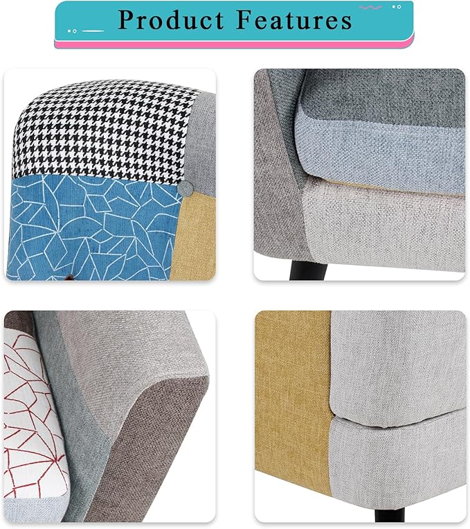 Colorful Accent Chair &amp Boho Accent Chair Comfy Arm Chair with Wide Back for Bedroom Living Room Linen Fabric Patchwork Wood Legs