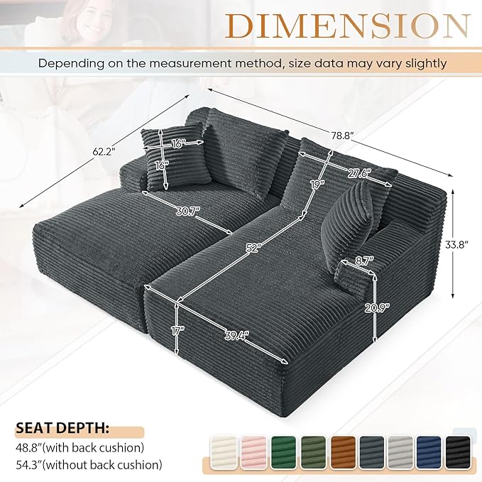 Oversized Chaise Lounge Chair Indoor Modern 78-inch Upholstered Corduroy Love Seat Sofa Bed with 4 Throw Pillows and Armrests Double Modular Sleeper Sofa Couch for Living Room Bedroom Dark Grey