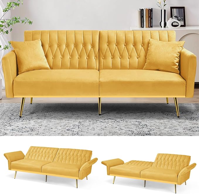 70 Velvet Futon with Adjustable Backrest and Armrests Sofa Bed with Extra Pillows for Waiting Room Living Room and Office Yellow