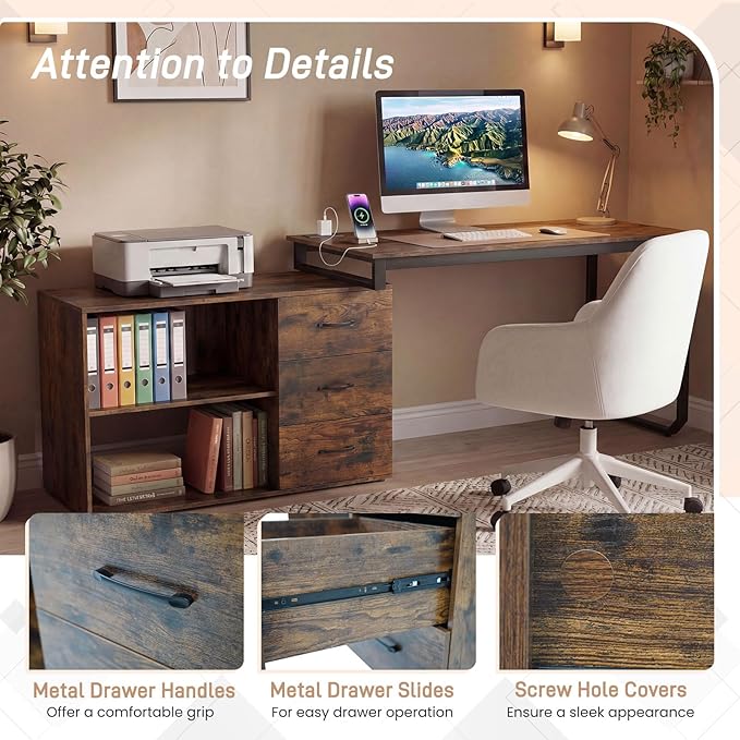 GOFLAME Reversible L Shaped Computer Desk with Charging Station 55” Home Office Desk with 3 Drawers 3-Level Adjustable Shelf Convertible Study Writing Desk for Small Space Rustic Brown