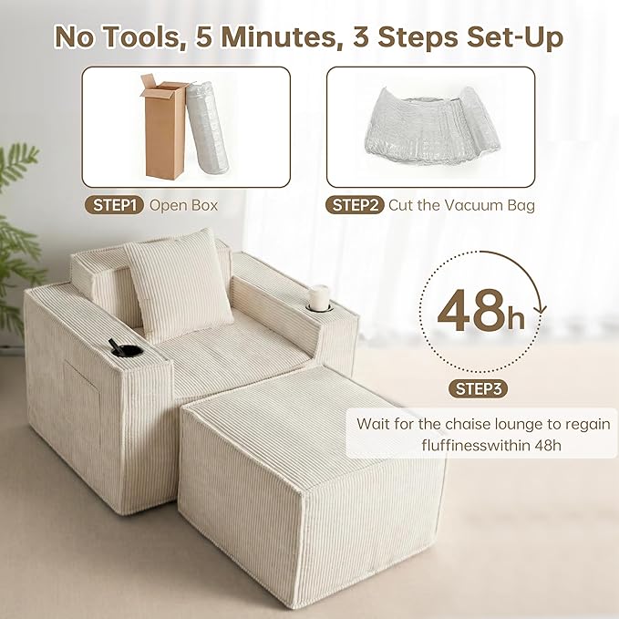 Cloud Single SofaComfy Lounge Chair with Elevated Seat Height Cup Holder &amp Side PocketNo Assembly Required Foam Couch for Small Space Bedroom Office Apartment (White with Ottoman)