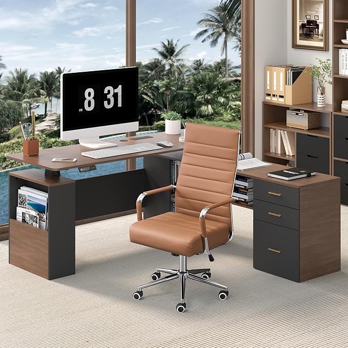 JOMEED 63 L Shaped Electric Standing Desk with Storage Executive Adjustable Height with Power Outlets and Privacy PanelBrown and Black