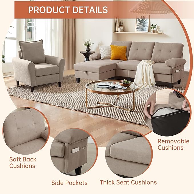 2PCS Sectional Sofa Set with OttomanModern Linen 4 Seater Couch Set with Side Pockets 3 Seat Couch and Armchair for Small Space(3+1Seat/Beige)