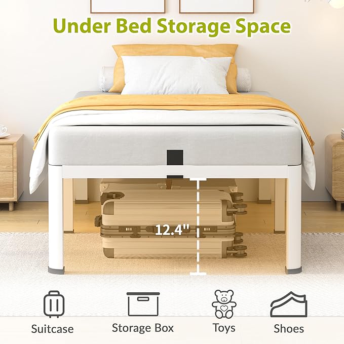 14 Inch Twin Bed Frame Metal Platform Bed Frame with Round Corner Legs 3500 lbs Heavy Duty Steel Slats Support No Box Spring Needed Noise Free Easy Assembly White